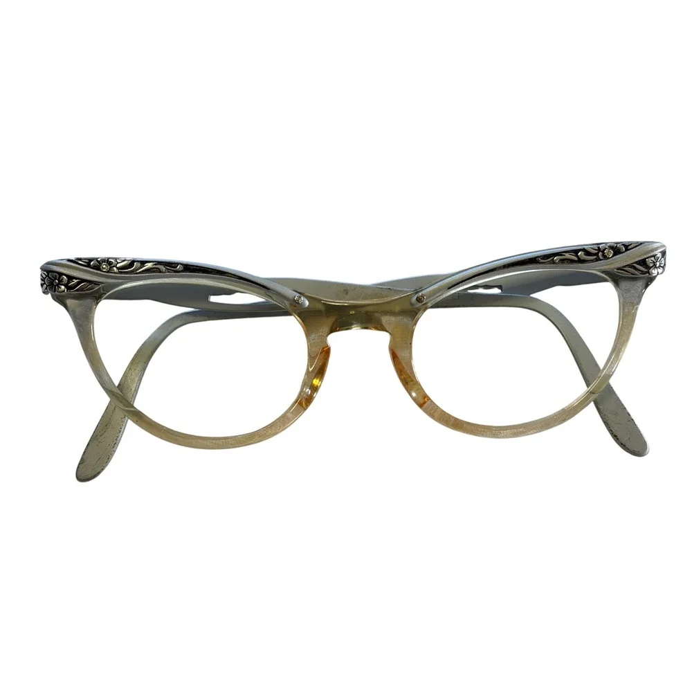 Vintage 1950s Cat Eye Glasses Floral Metal Overlay Silver Amber Clear Frames